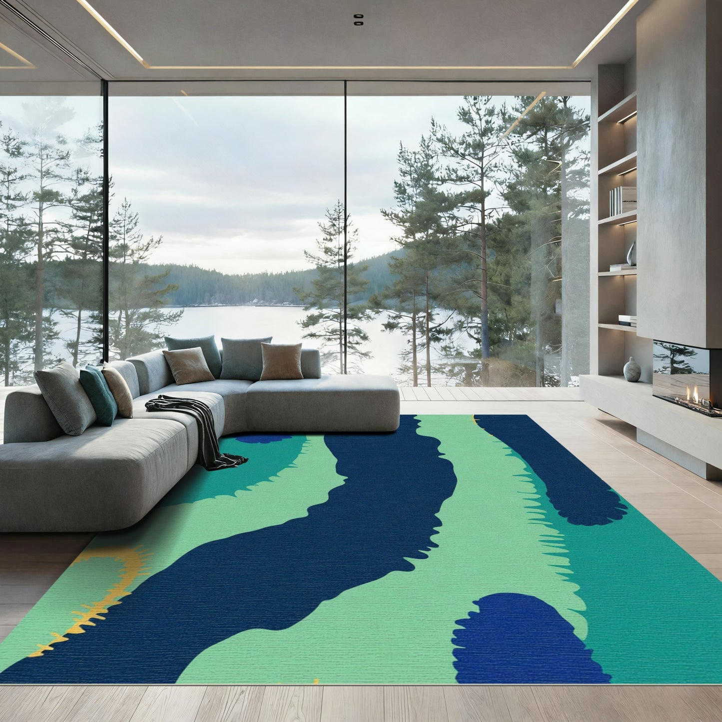 Abstract Aqua Navy Organic Shapes Rug