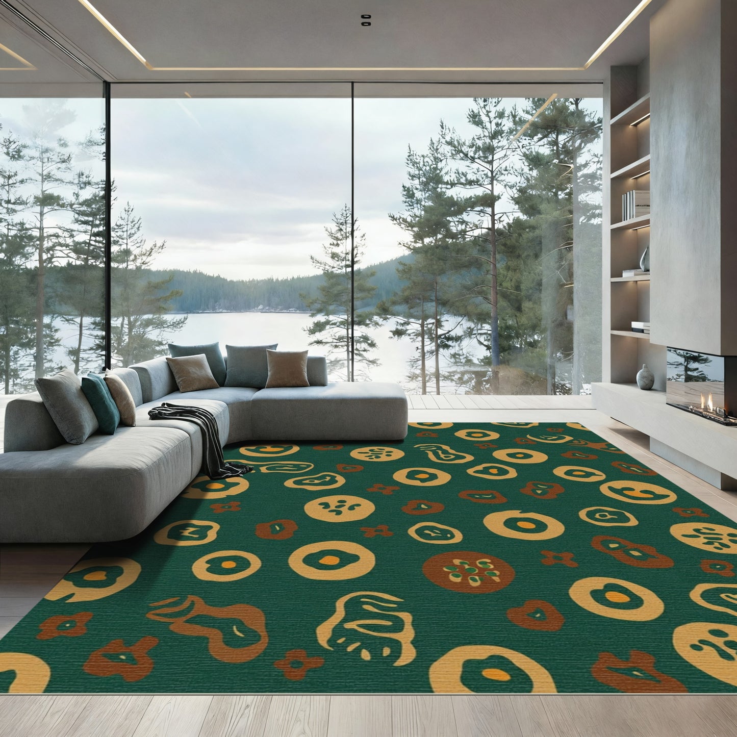 Deep Forest Ochre Abstract Organic Shapes Rug