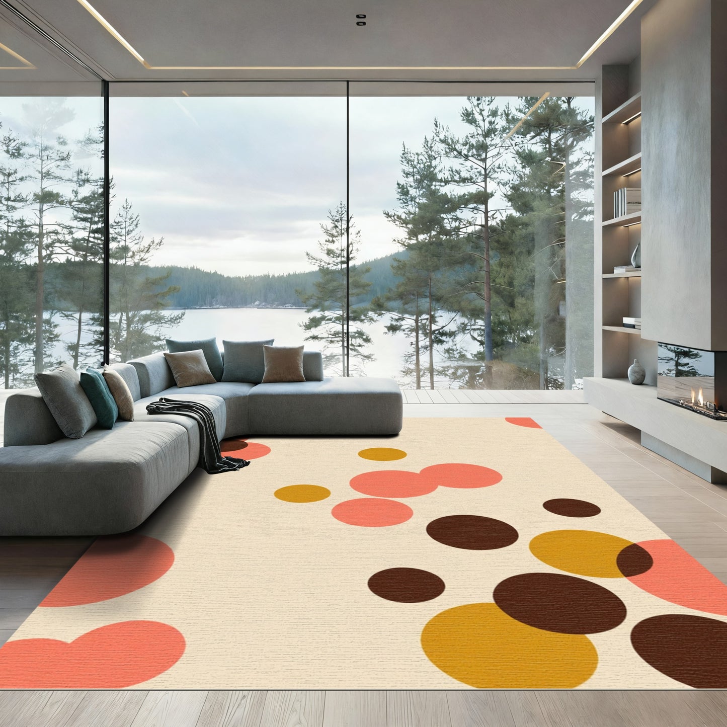 Coral Brown Mustard Bubbles Composition Rug