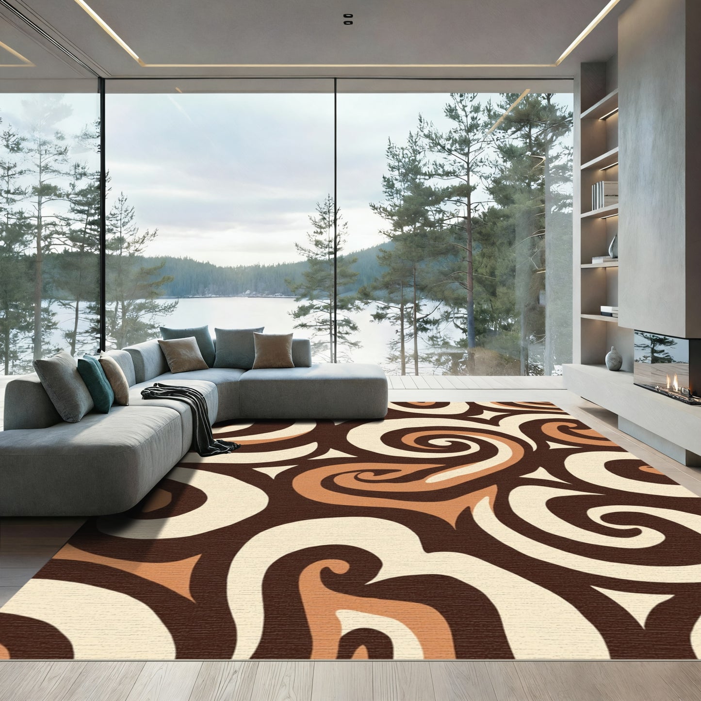 Warm Swirls Cream Brown Curves Rug