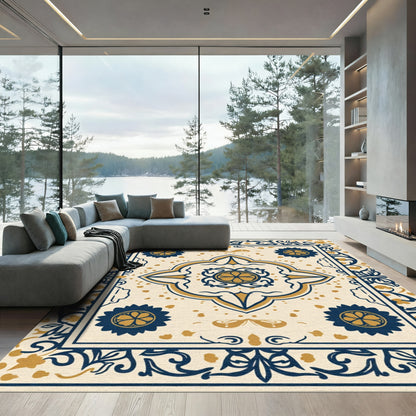 Navy Gold Quatrefoil Floral Border Rug