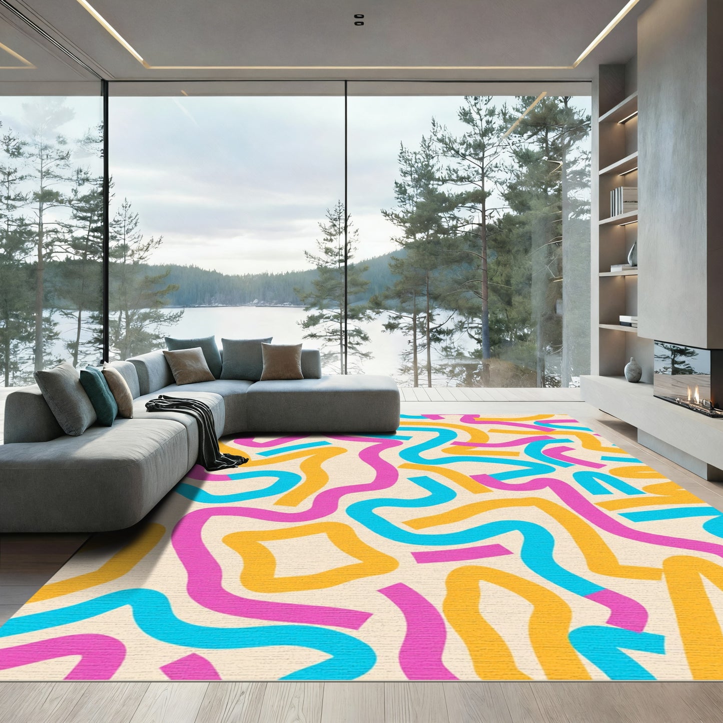 Vibrant Abstract Swirls Yellow Pink Blue Rug
