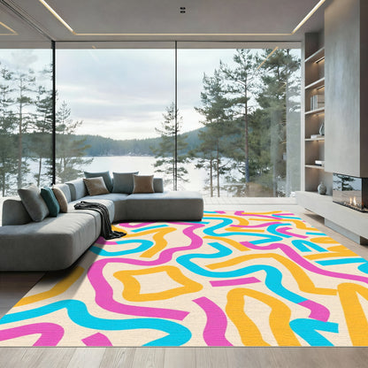 Vibrant Abstract Swirls Yellow Pink Blue Rug