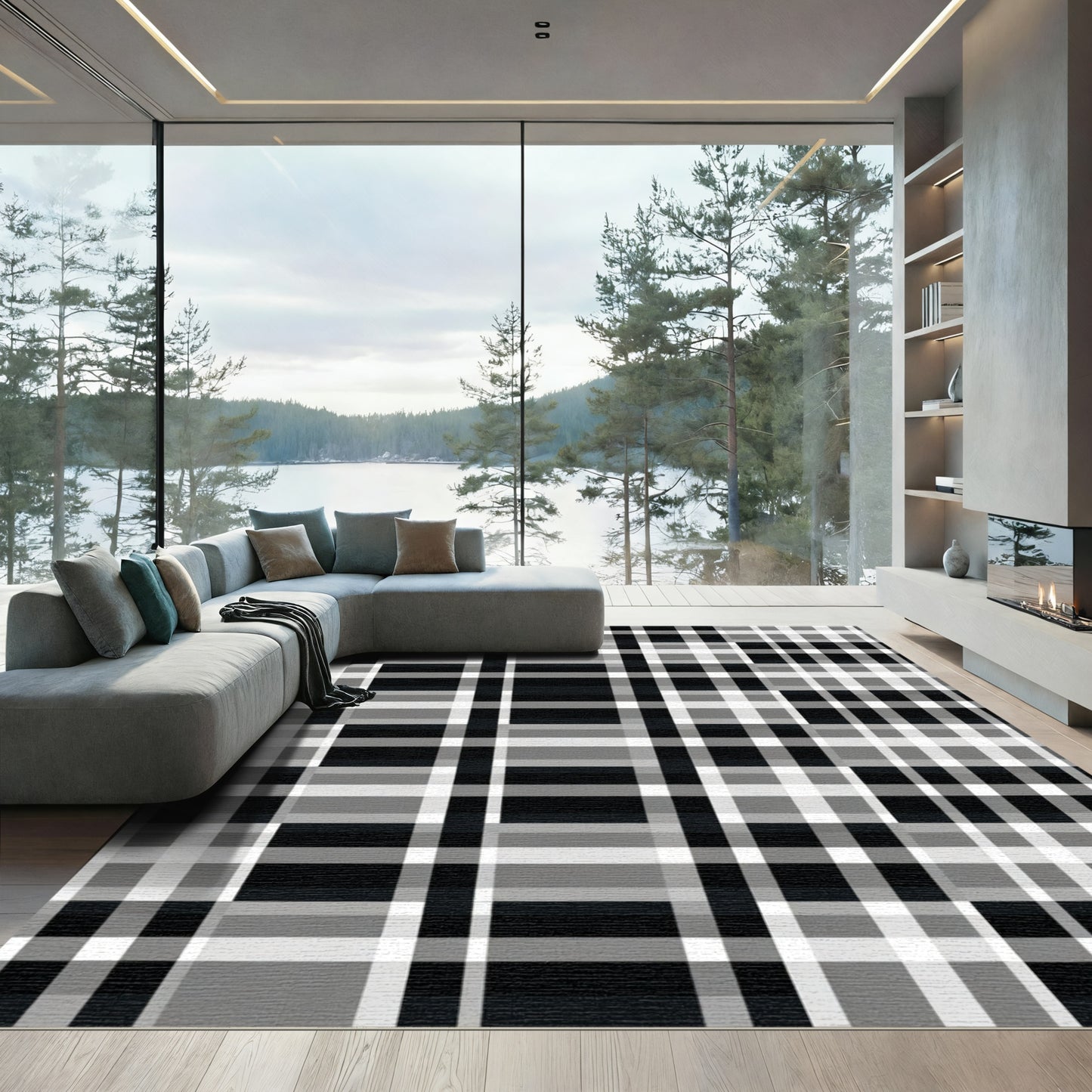 Monochromatic Plaid Graphic Checks Rug