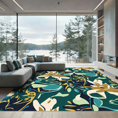 Abstract Teal and Gold Floral Grove Rug