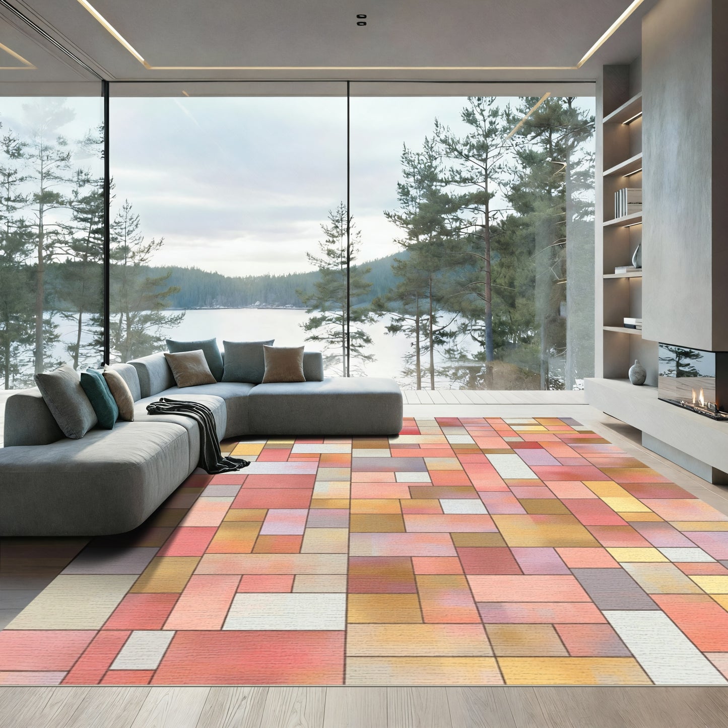 Abstract Pink Peach Geometric Blocks Rug