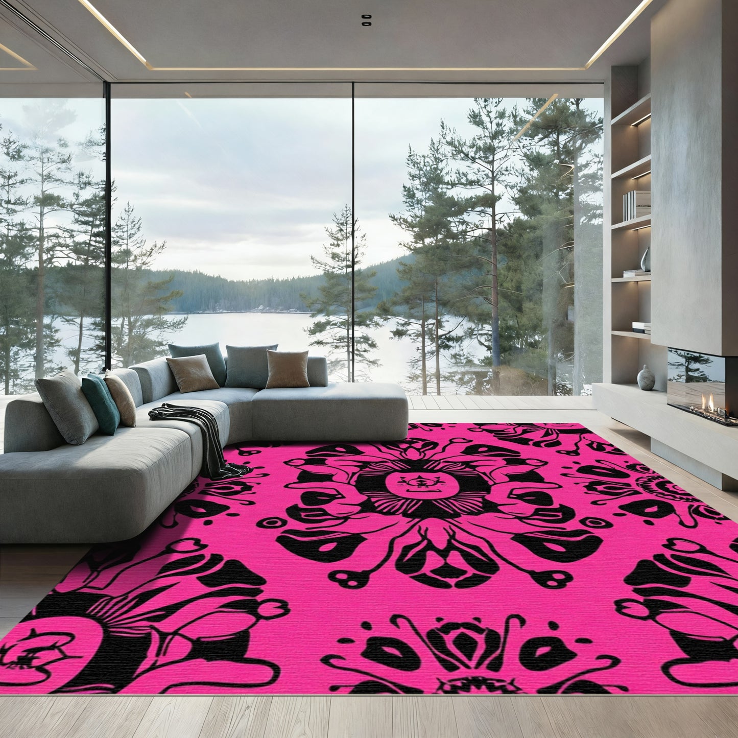 Hot Pink Black Floral Medallion Rug