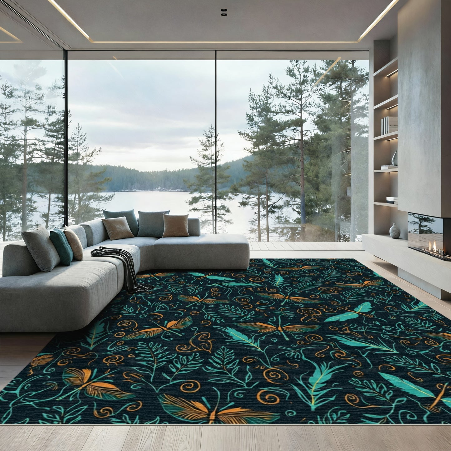 Dark Teal Orange Dragonfly Botanical Swirls Rug