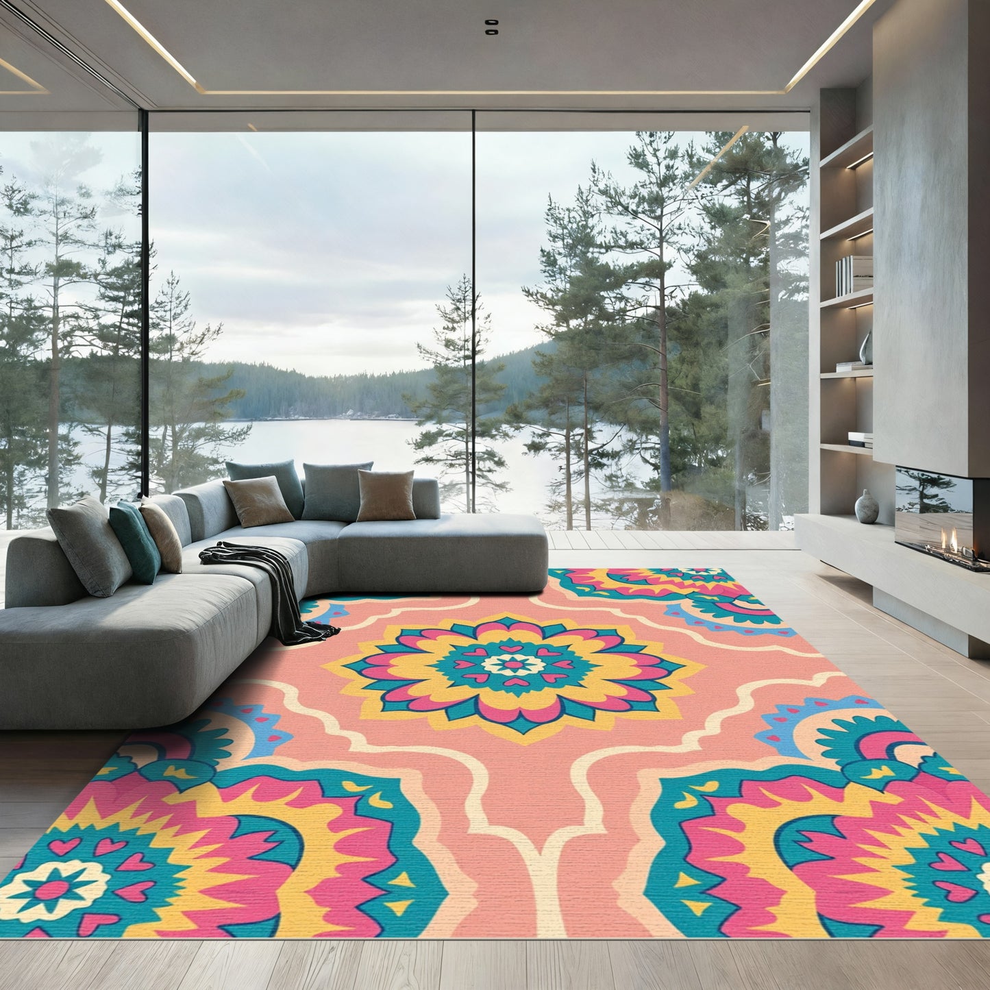 Bright Pink Teal Yellow Floral Medallion Rug