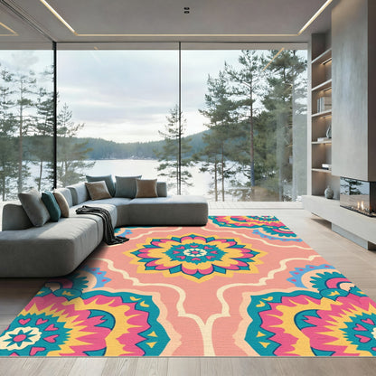 Bright Pink Teal Yellow Floral Medallion Rug