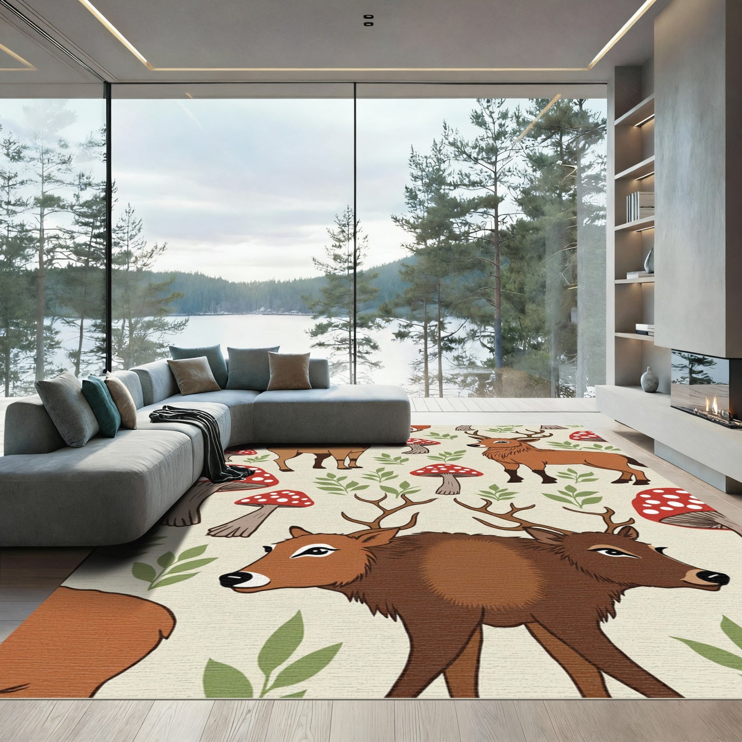 Whimsical Deer Mushroom Forest Scene Rug