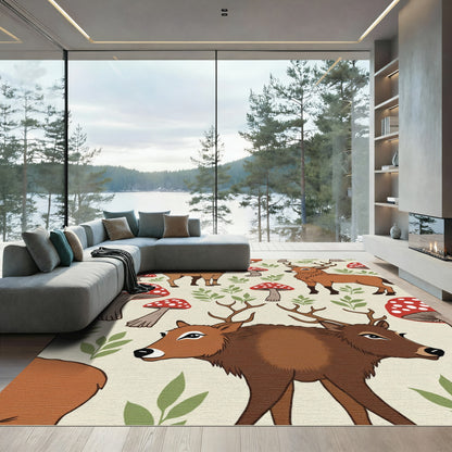 Whimsical Deer Mushroom Forest Scene Rug
