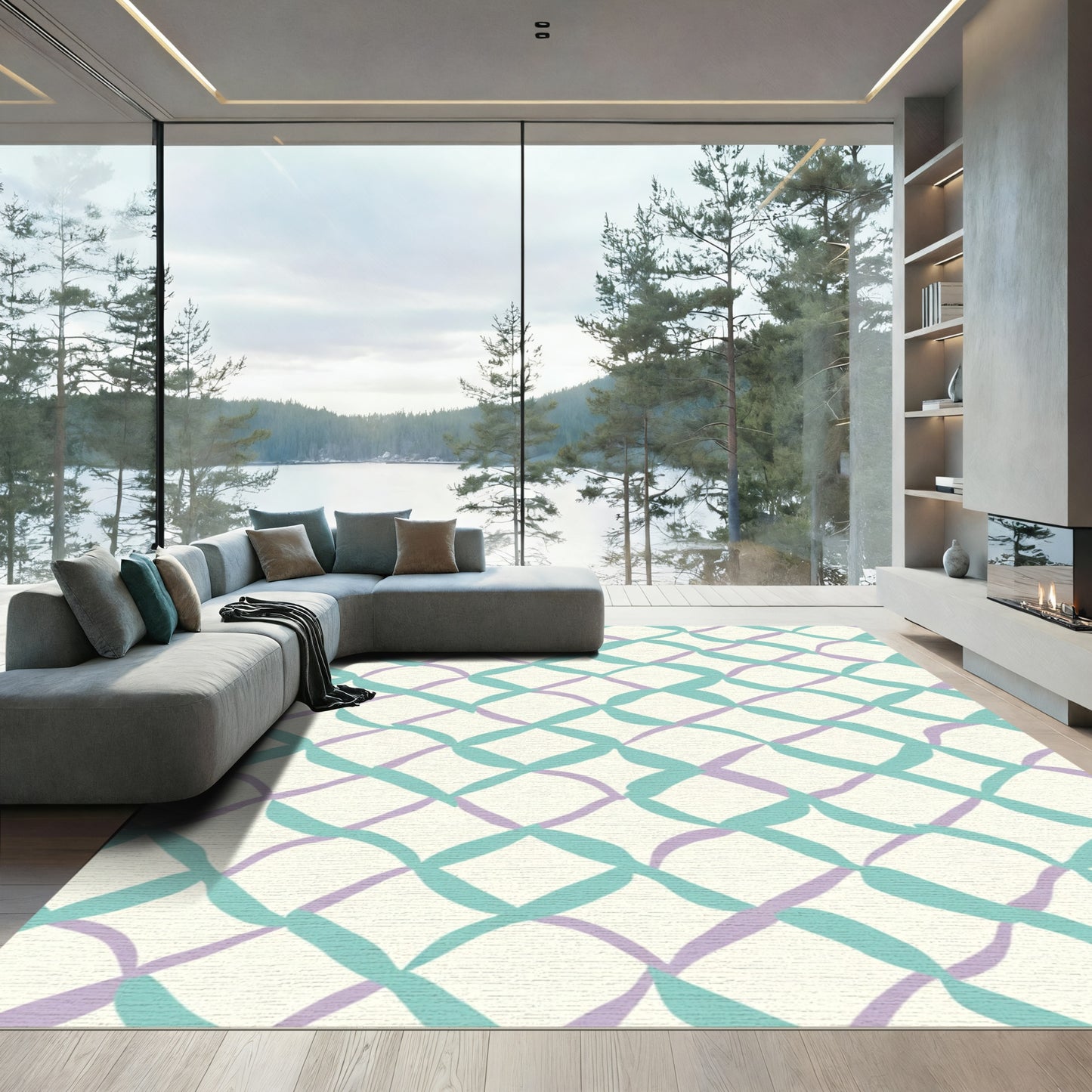 Pastel Teal Lavender Woven Lattice Rug