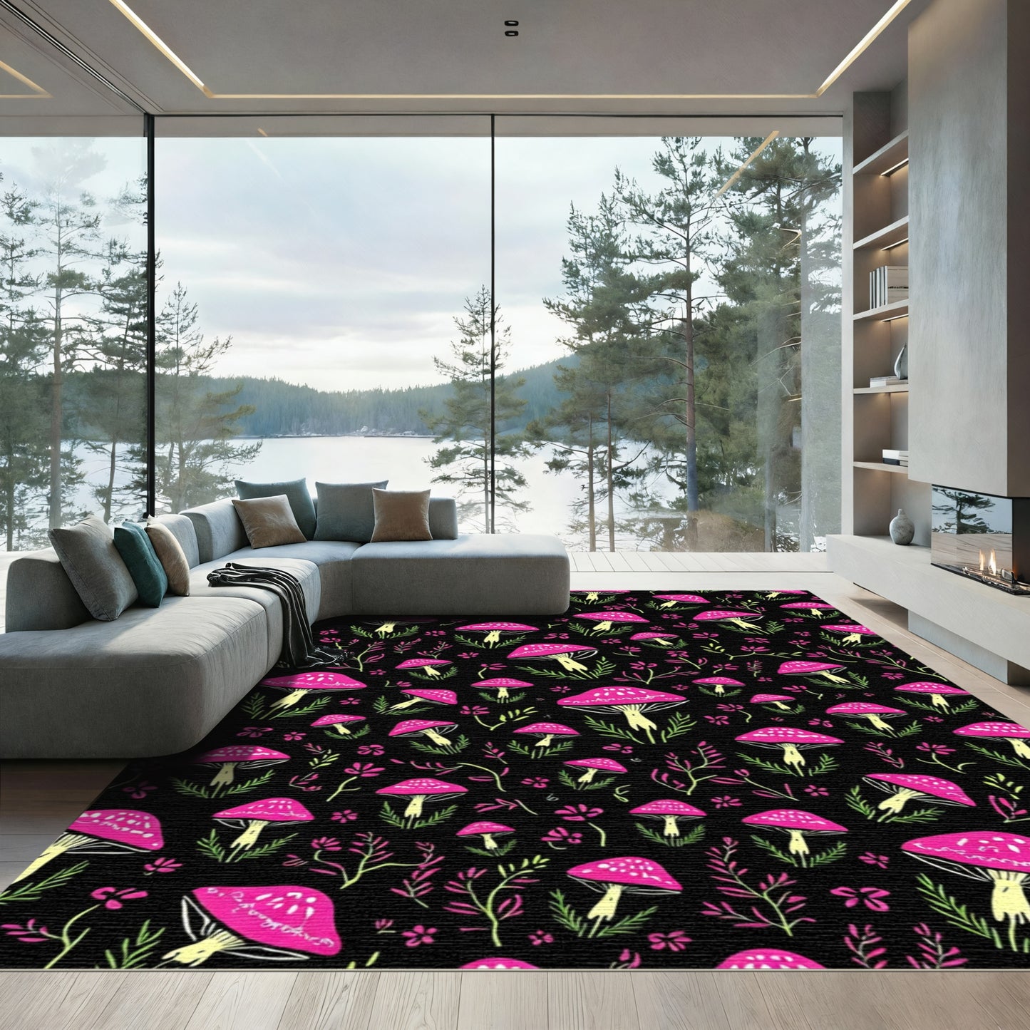 Pink Mushroom Black Forest Whimsical Garden Rug