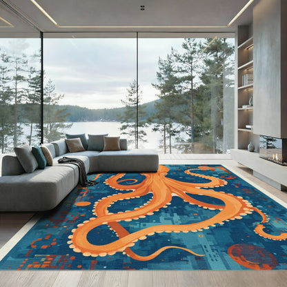 Vibrant Orange Octopus Blue Digital Scene Rug