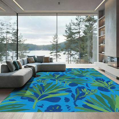 Vibrant Green Foliage on Blue Background Rug