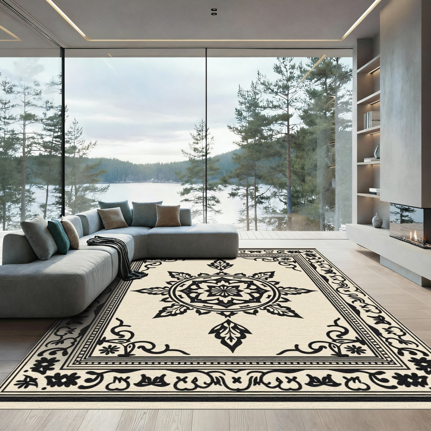 Cream Black Medallion Floral Frame Rug