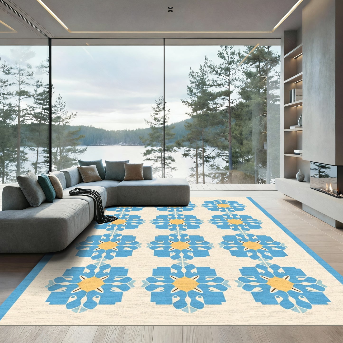 Terrific Blue Yellow Floral Repeating Rug