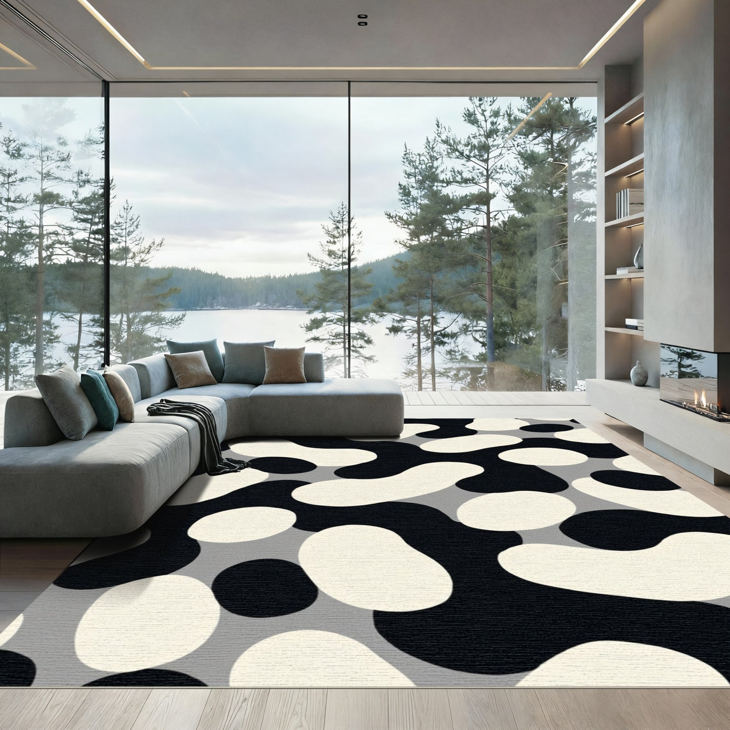 Abstract Black White Gray Amoeba Rug