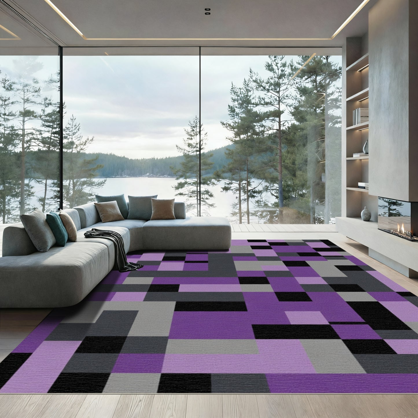 Purple Black Grey Geometric Blocks Rug
