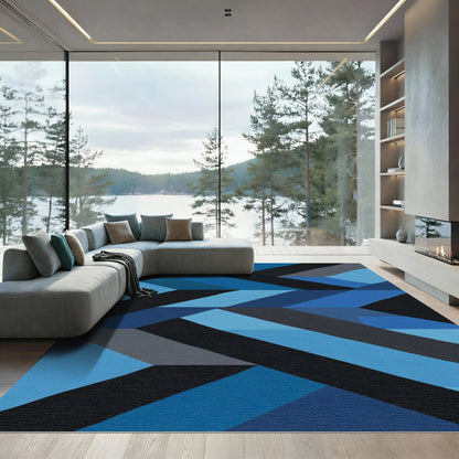 Geometric Blue Black Interlocking Shapes Rug
