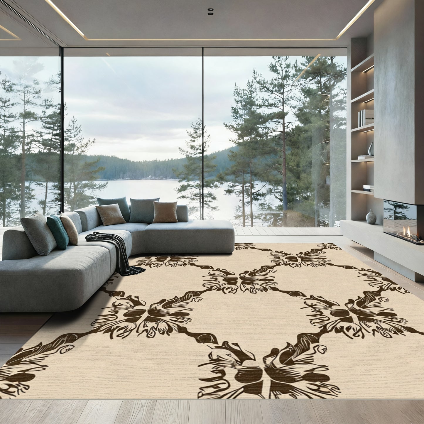Dark Brown Repeating Floral Diamond Rug