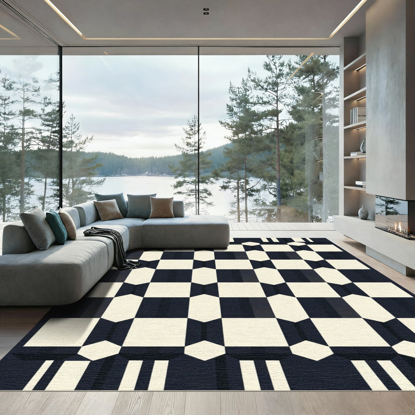Retro Black White Geometric Chessboard Rug