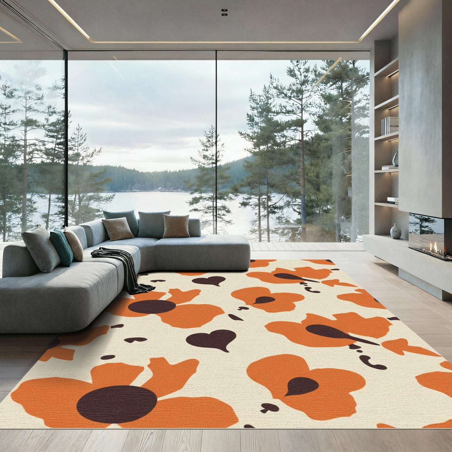 Orange Retro Floral Hearts Rug