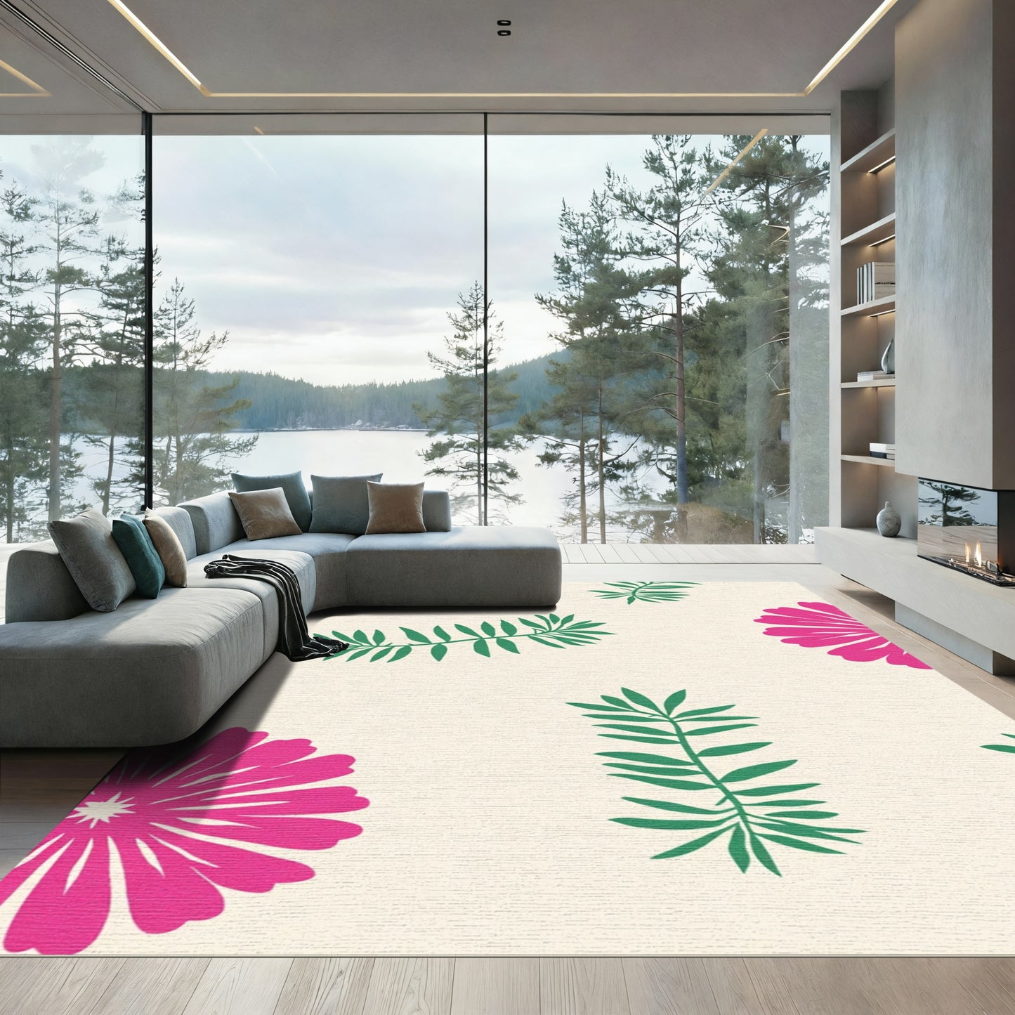 Hot Pink Floral Green Foliage Rug