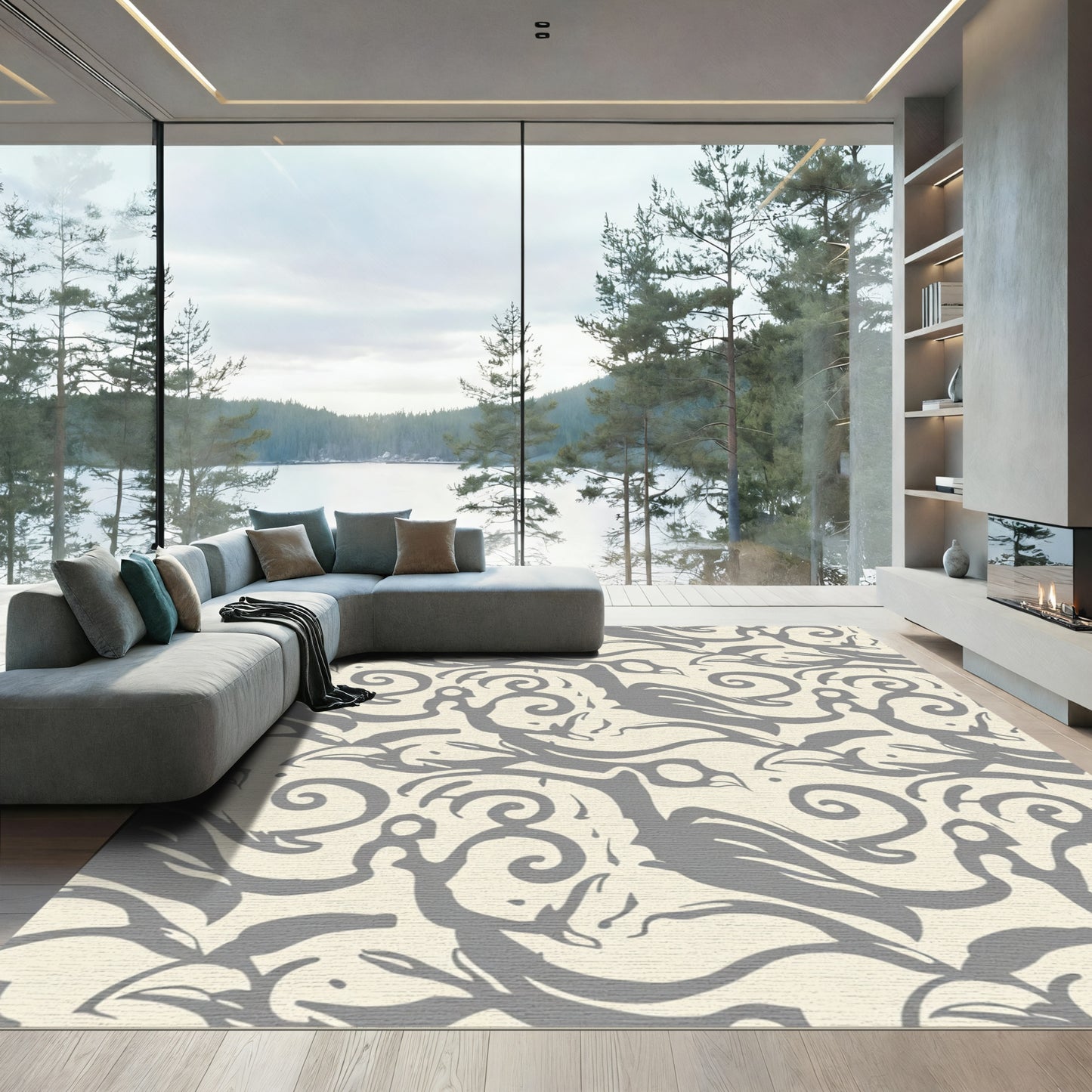 Gray Ivory Abstract Bird Swirl Rug