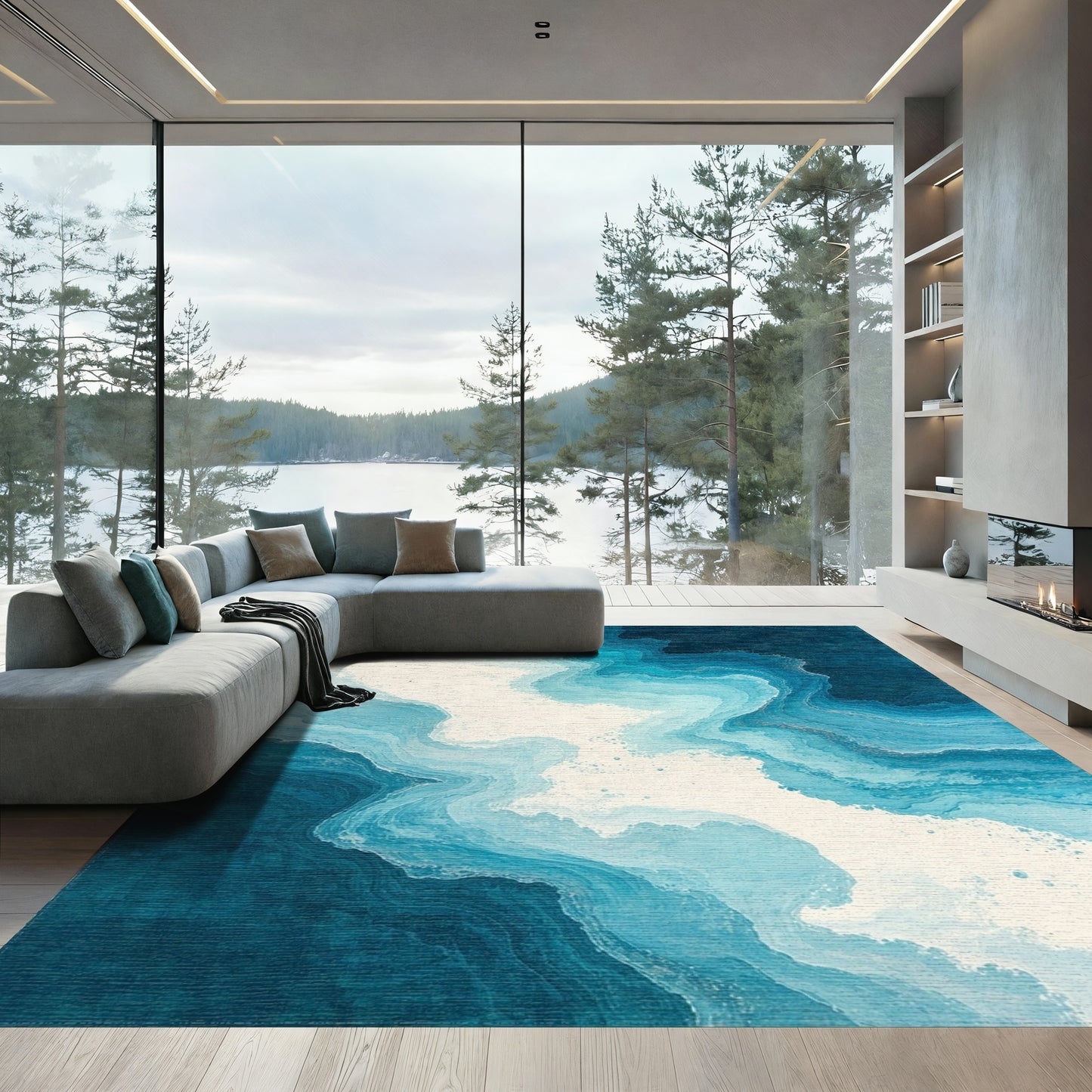 Gradient Blue Layered Waves Rug