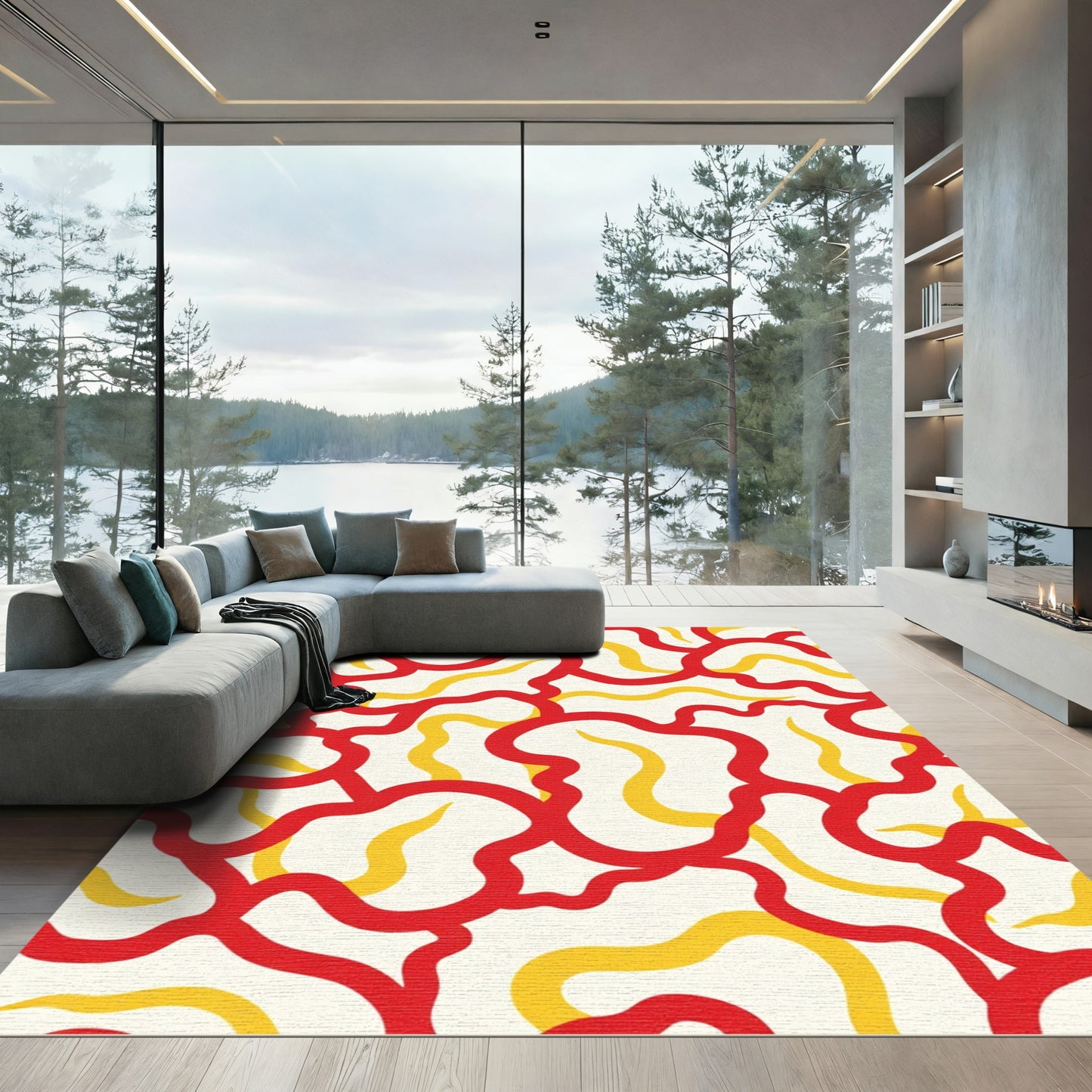 Crimson Yellow Abstract Swirl Rug
