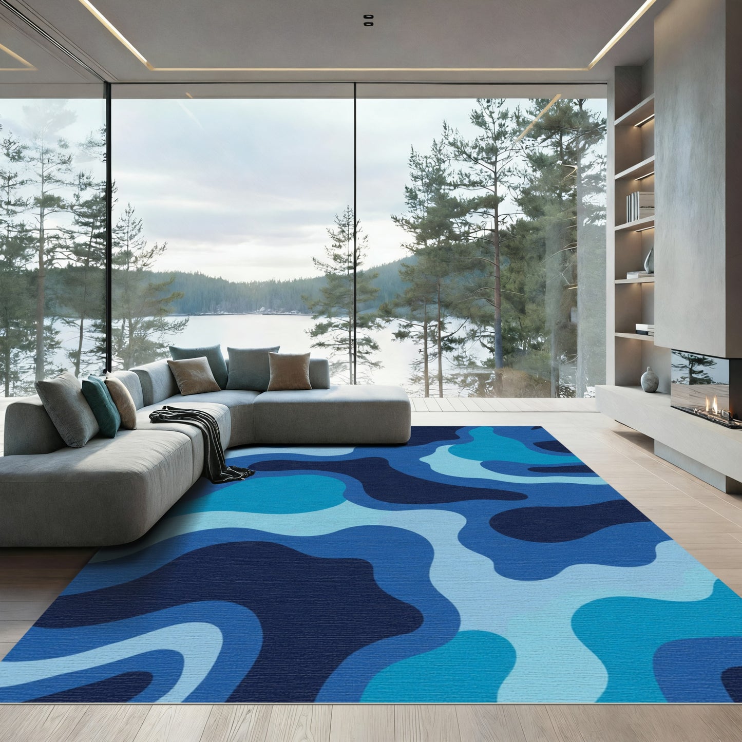 Abstract Blue Camouflage Flow Rug