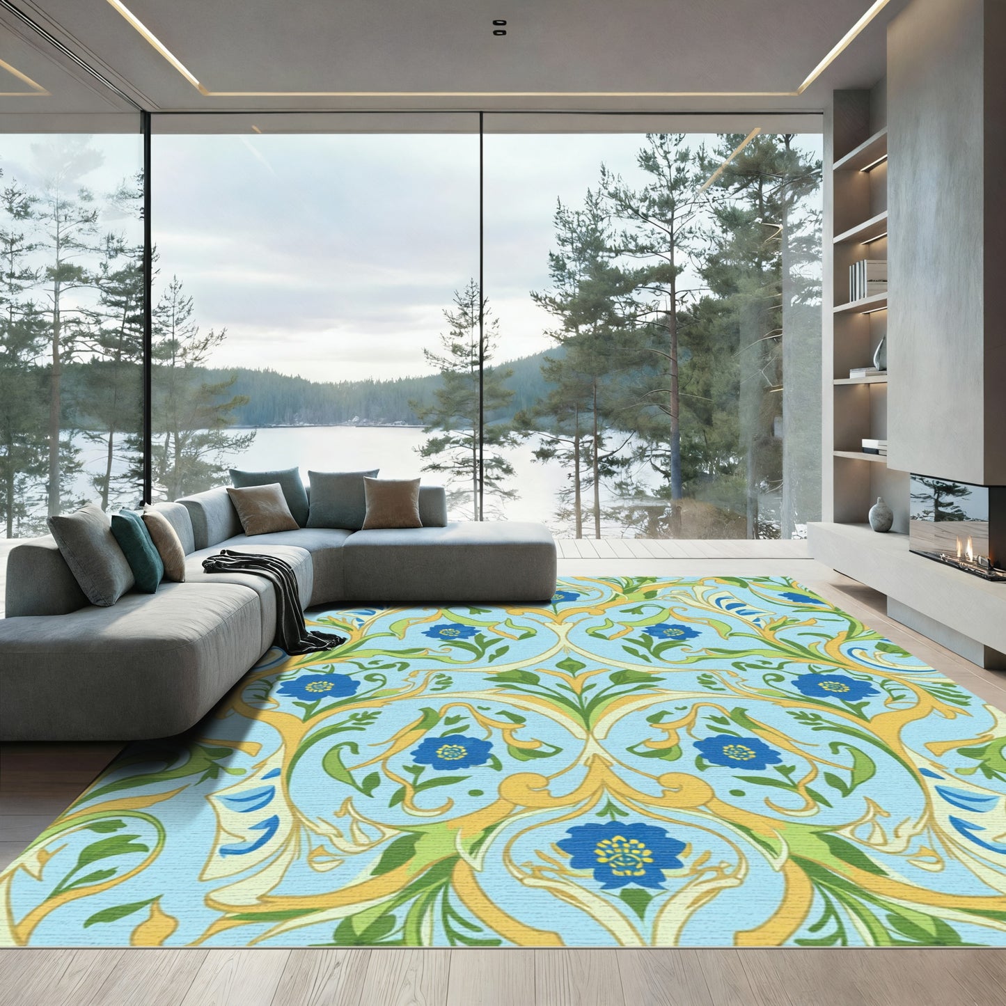 Light Blue Floral Vine Art Nouveau Rug
