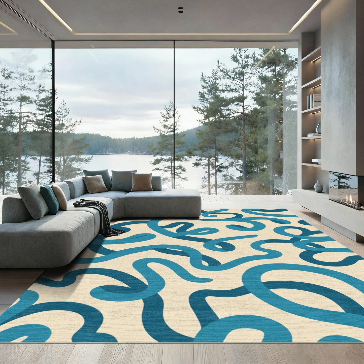 Teal Swirl Ribbon Abstract Rug