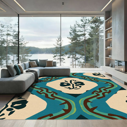 Teal Ochre Tribal Face Diamond Rug