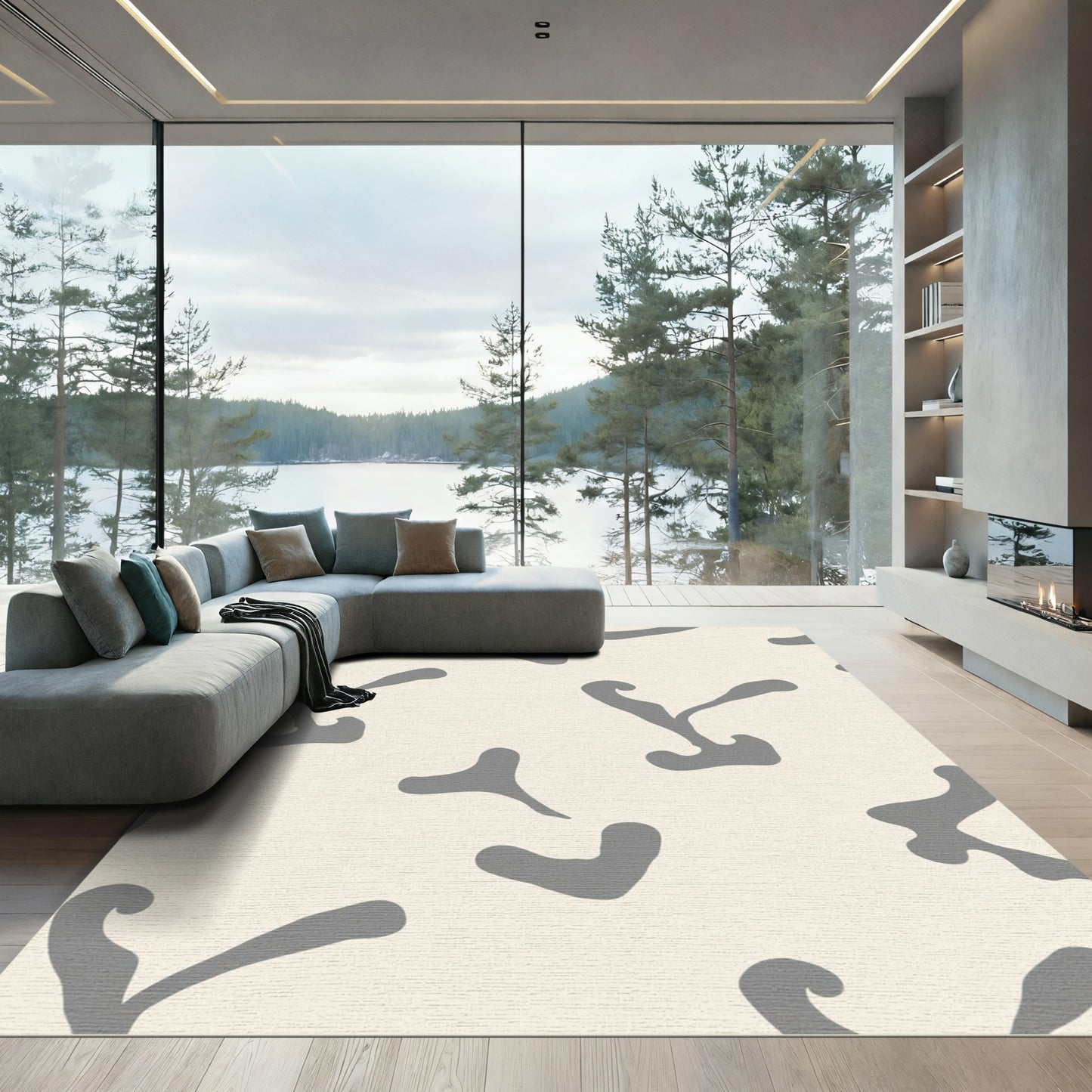 Cream Gray Abstract Organic Shapes Rug