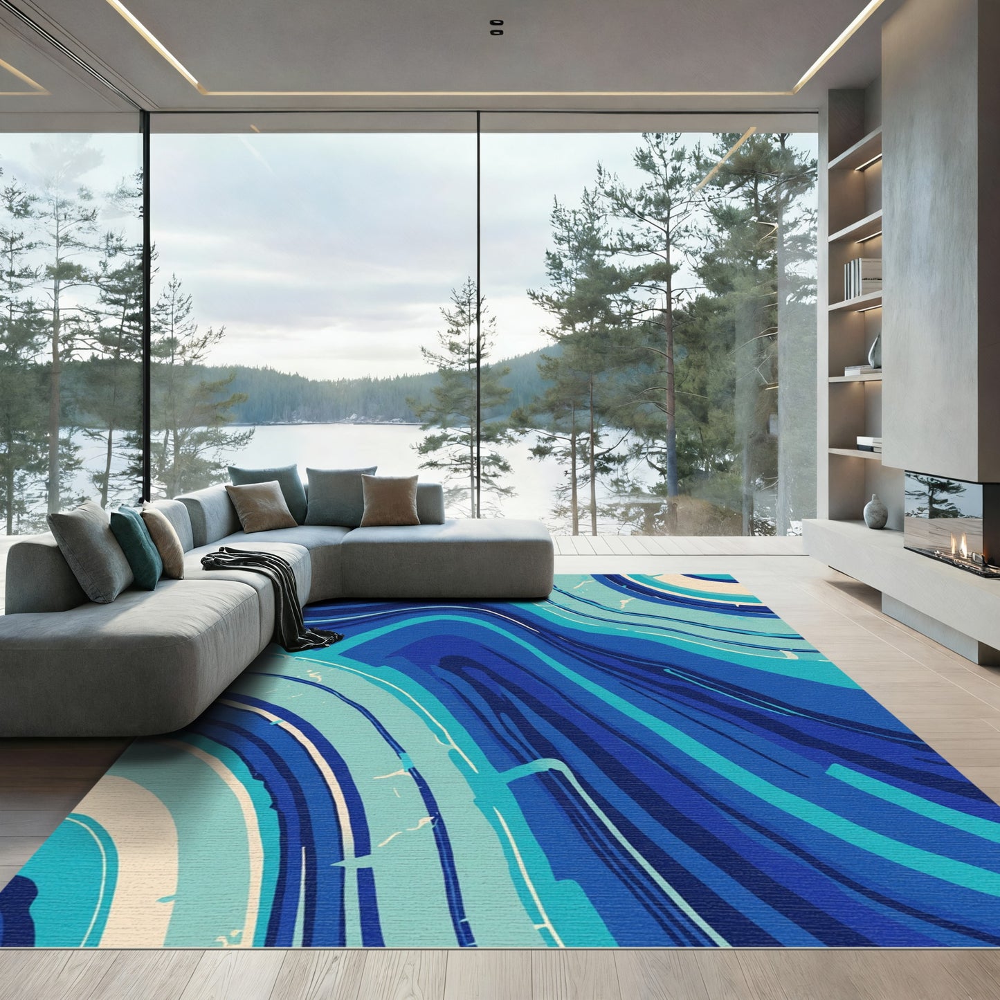 Deep Blue Abstract Swirl Layers Rug