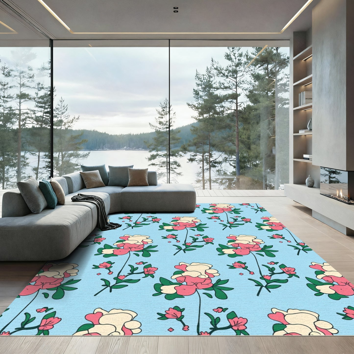 Pink Cream Floral Branch Pattern Rug