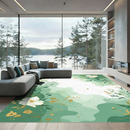 Green Watercolor Floral Botanical Vines Rug
