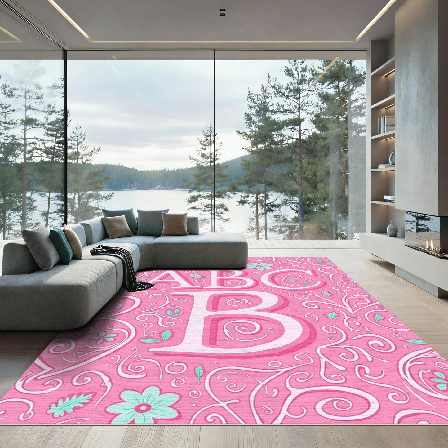 Pink Calligraphy Alphabet Swirl Rug