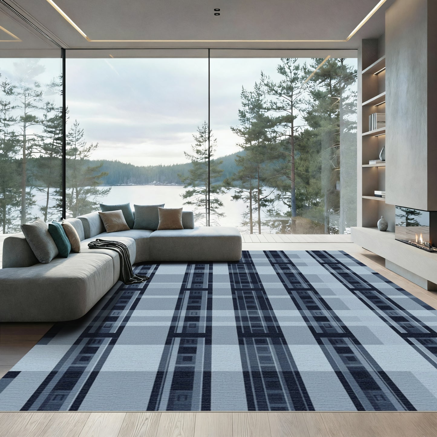Cool Blue Plaid Grid Rug