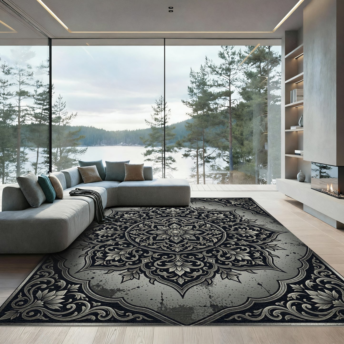 Ornate Silver Floral Mandala Rug