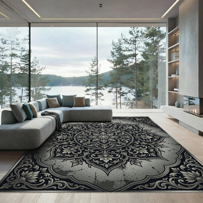 Ornate Silver Floral Mandala Rug
