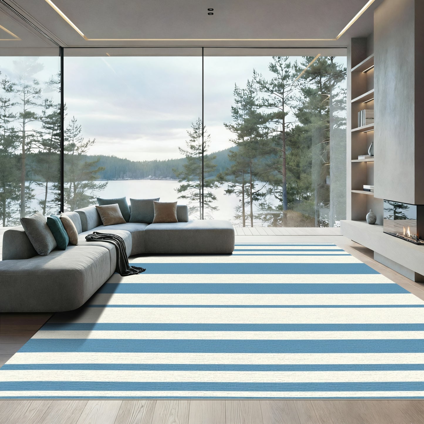 Blue White Horizontal Stripe Rug