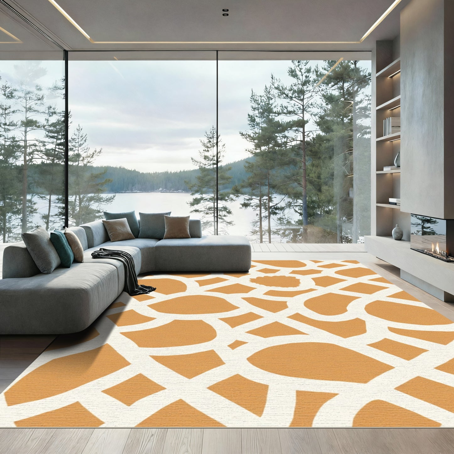 Golden White Abstract Net Rug