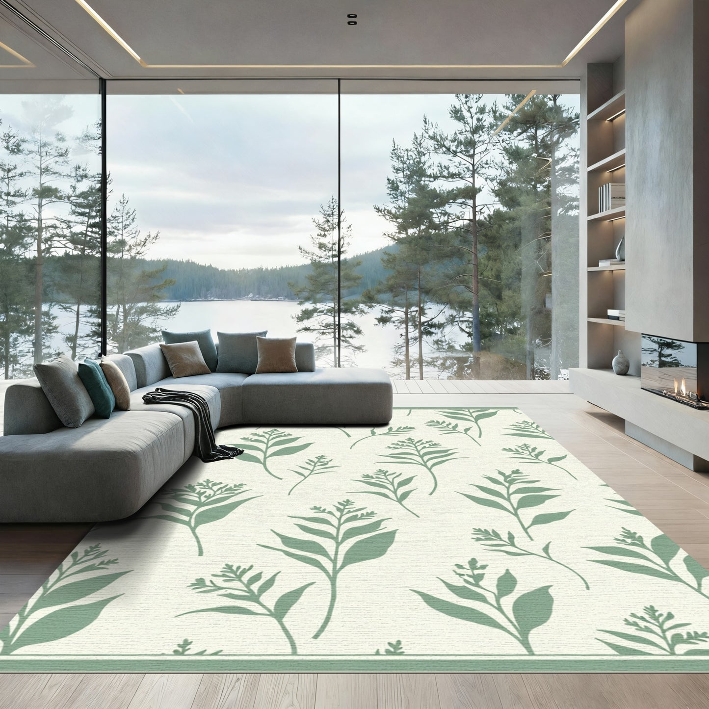 Sage Green Botanical Leaf Scatter Rug
