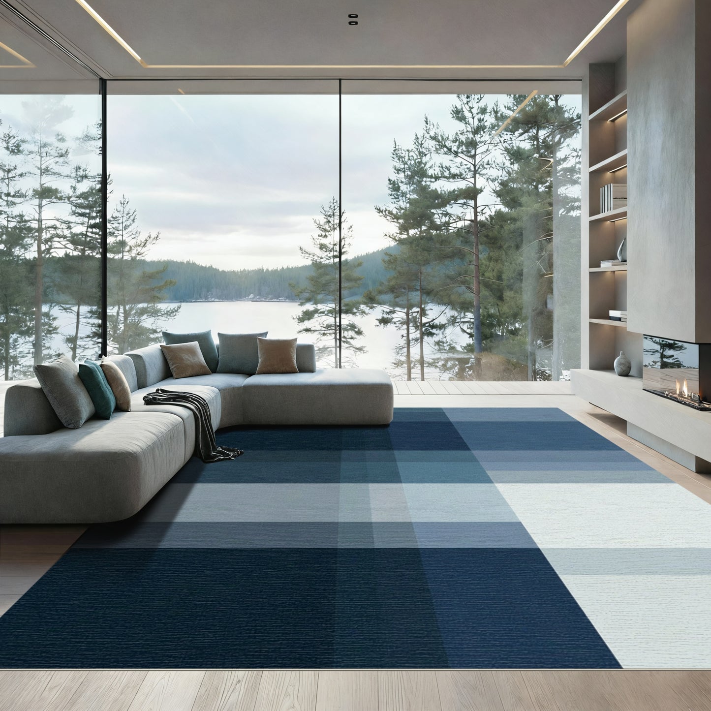 Modern Indigo Geometric Plaid Rug