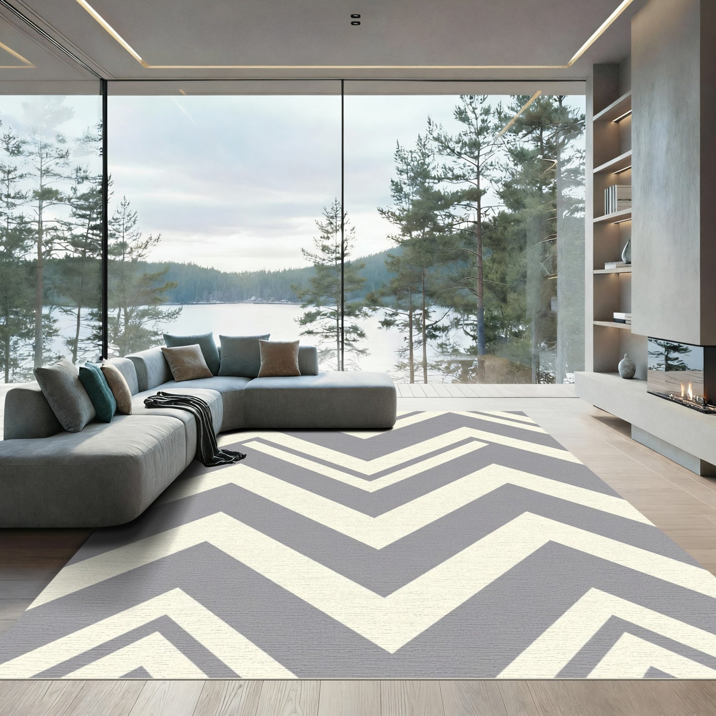 Gray and Cream Chevron Lines Rug