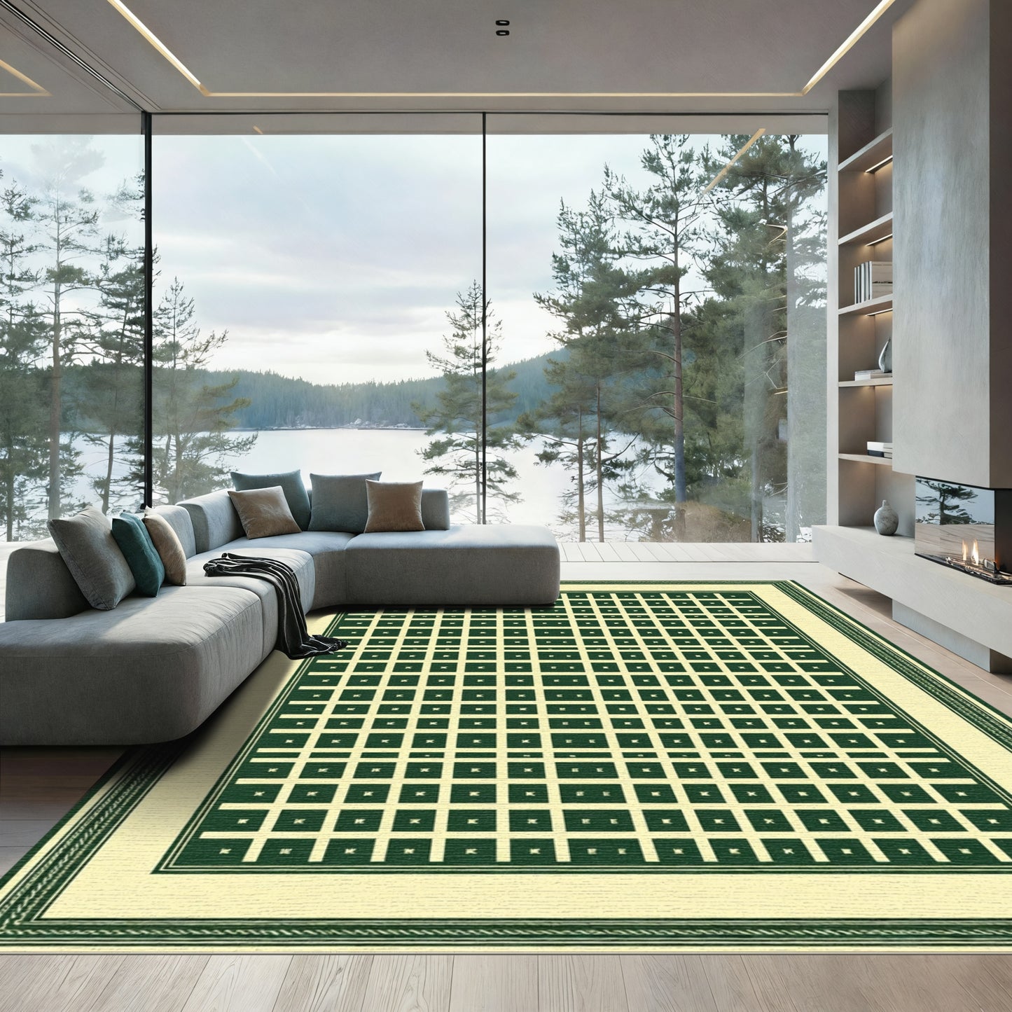 Green Cream Square Grid Rug